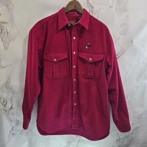 Eddie Bauer Shirt Mens Large Red Flannel Chamois Vintage Pheasant Embroidery - Picture 2 of 12